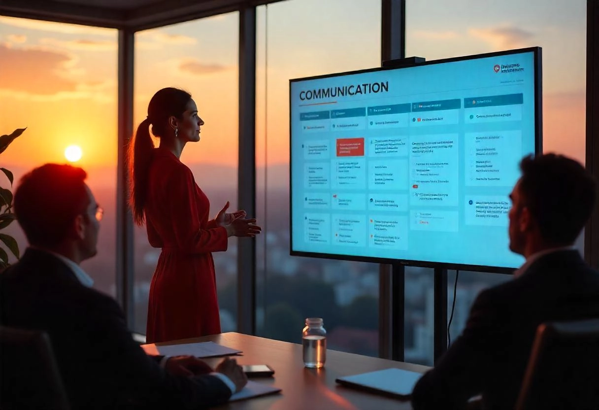 project managers looking a screen with a communication plan